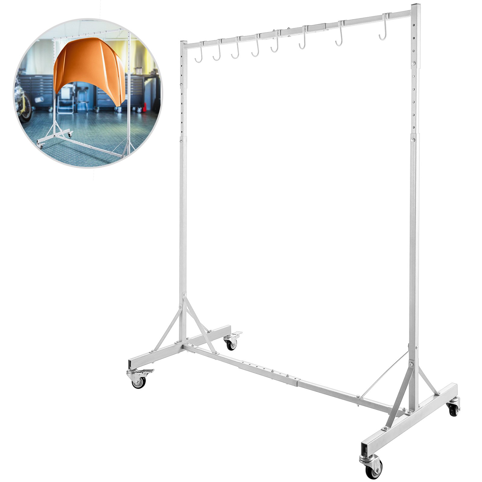 Estante de pintura VEVOR ajustable con ganchos y ruedas, en entorno de taller.