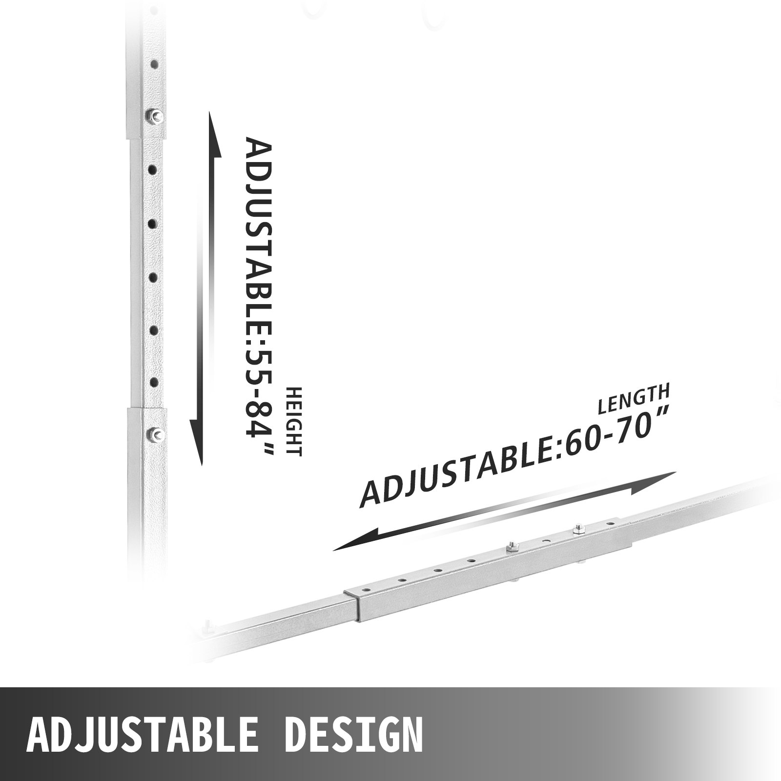 Estante de pintura VEVOR diseño ajustable: altura 55-84 pulgadas, largo 60-70 pulgadas.