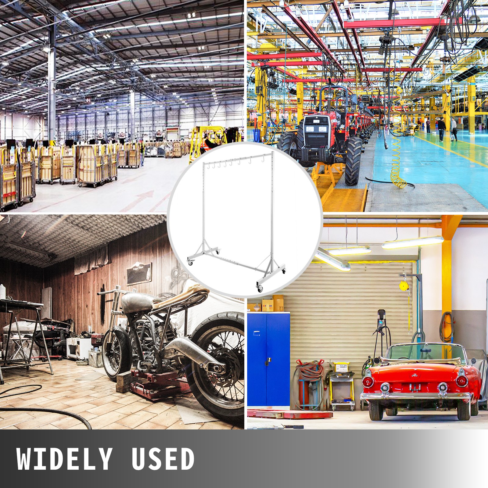 Estante de pintura VEVOR en diversos entornos industriales, que muestra versatilidad y amplio uso.