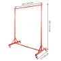 Soporte para pintura automotriz VEVOR de color rojo con dimensiones en cm, ganchos ajustables y ruedas giratorias.
