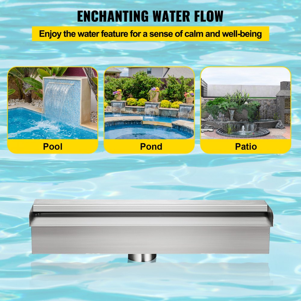 VEVOR Cascada para Piscina 11,8 x 4,5 x 3,1 Fuente Rectangular Acero Inoxidable para Piscinas Jardín y Decoración