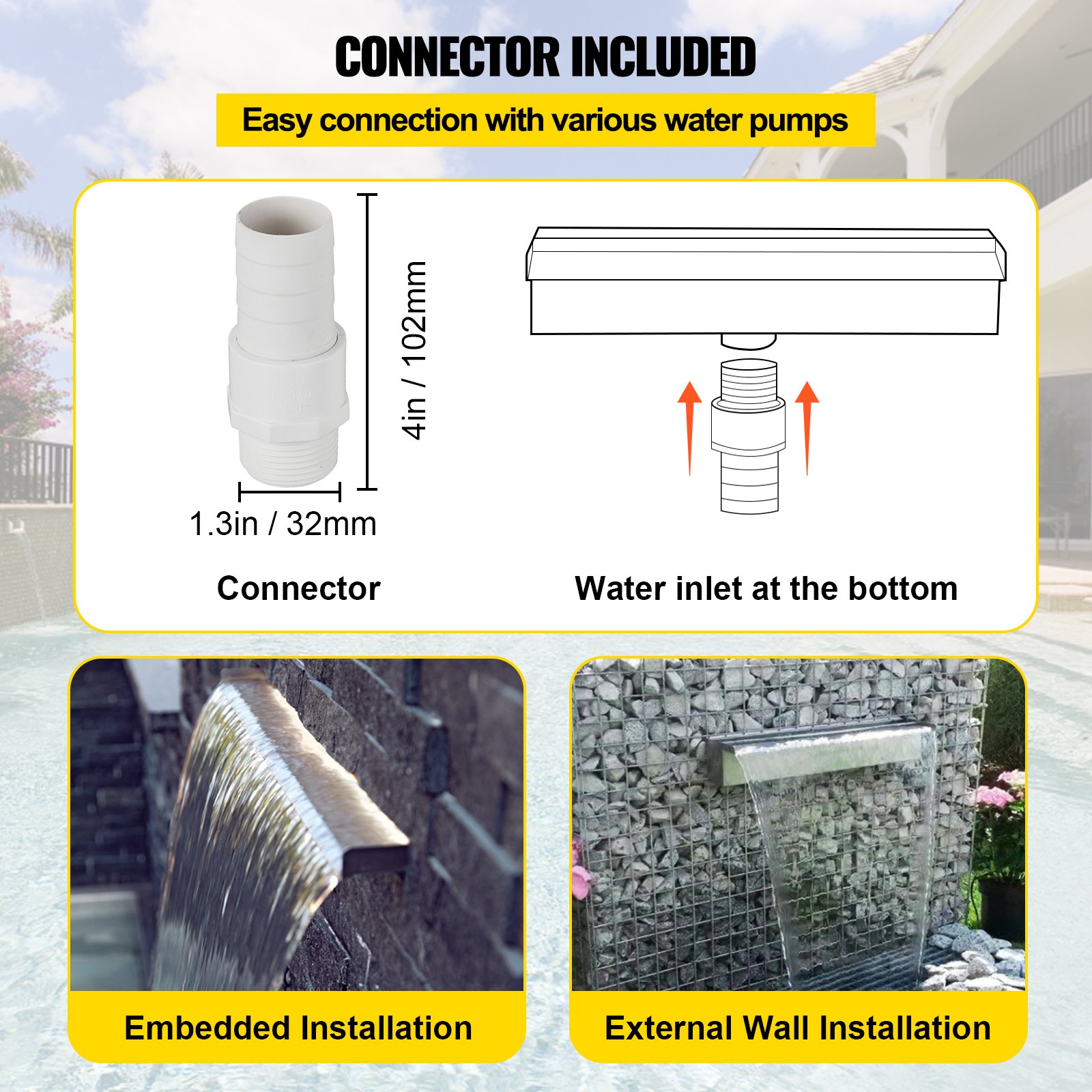 Conector de fuente de piscina VEVOR incluido, ofrece una fácil instalación empotrada y en pared externa.