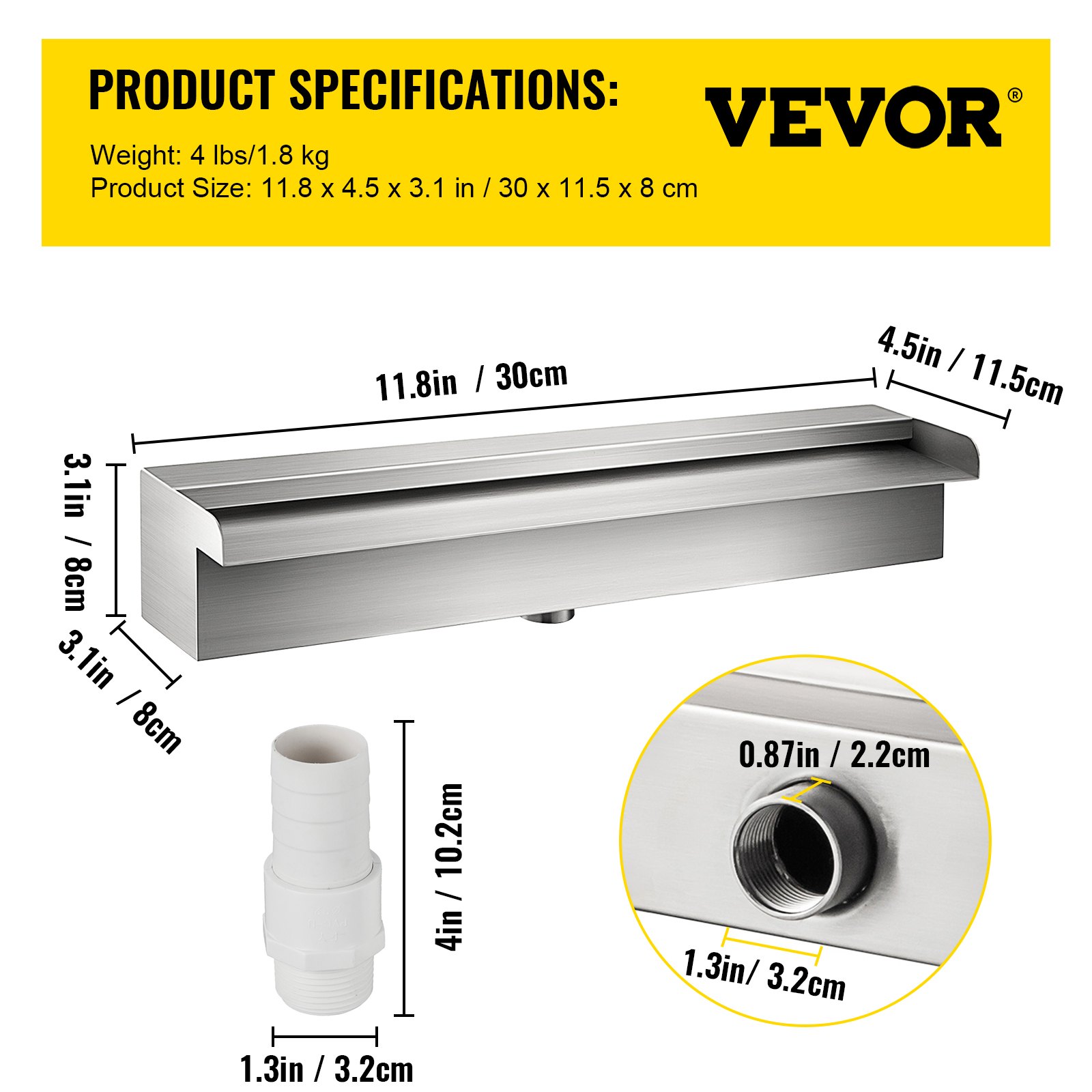 Dimensiones y especificaciones de la fuente de piscina VEVOR con conectores y medidas.