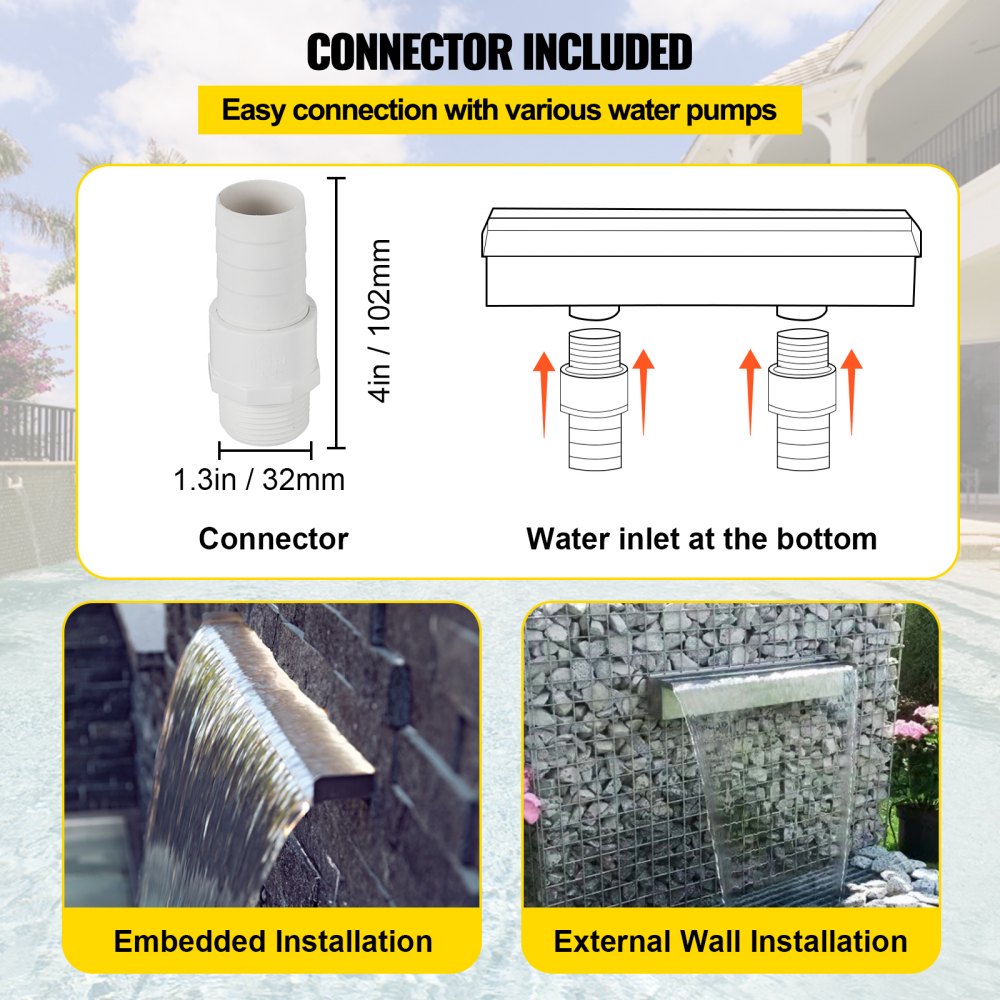 Fuente de piscina VEVOR con conector para varias bombas de agua, opciones de instalación mostradas.