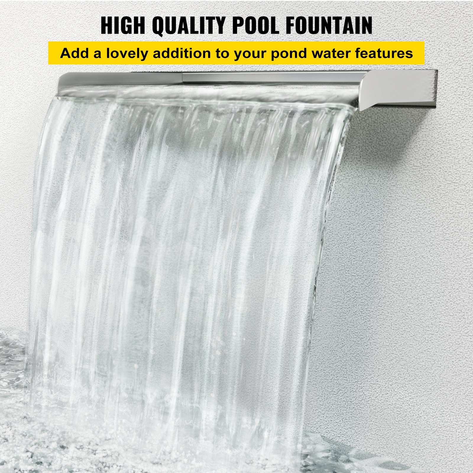 Fuente de piscina VEVOR con cascada de agua contra una pared texturizada.