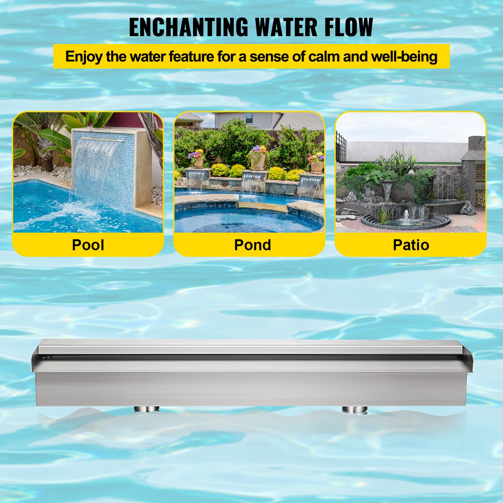 Fuente de piscina VEVOR para piscinas, estanques y patios que muestra características de flujo de agua.