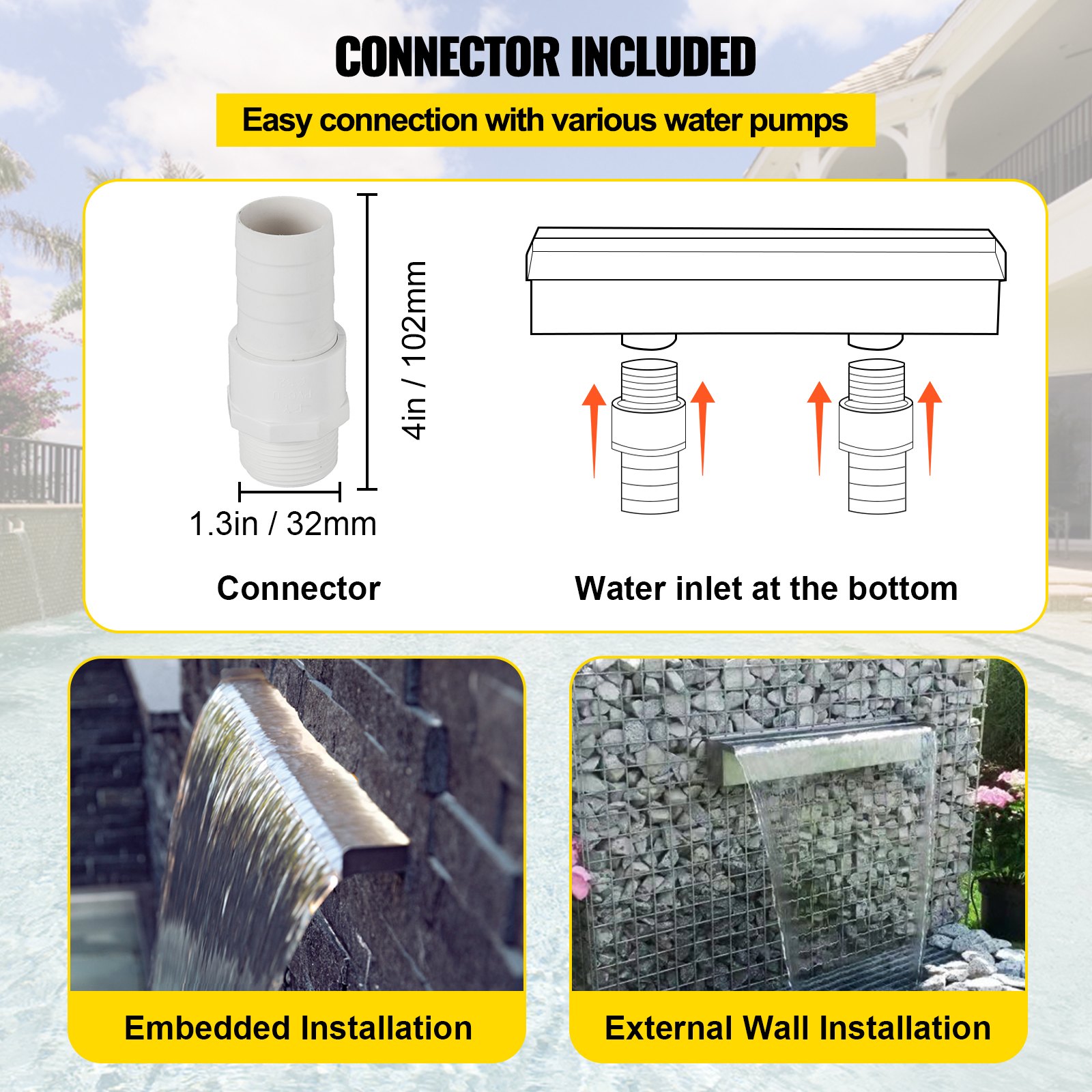 Fuente de piscina VEVOR con conector para varias bombas de agua, opciones de instalación mostradas.