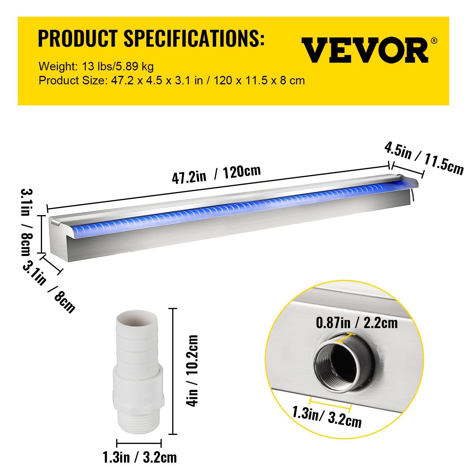 Dimensiones de la fuente de piscina VEVOR: 47,2 x 4,5 x 3,1 pulgadas, peso: 13 libras, incluye accesorios.