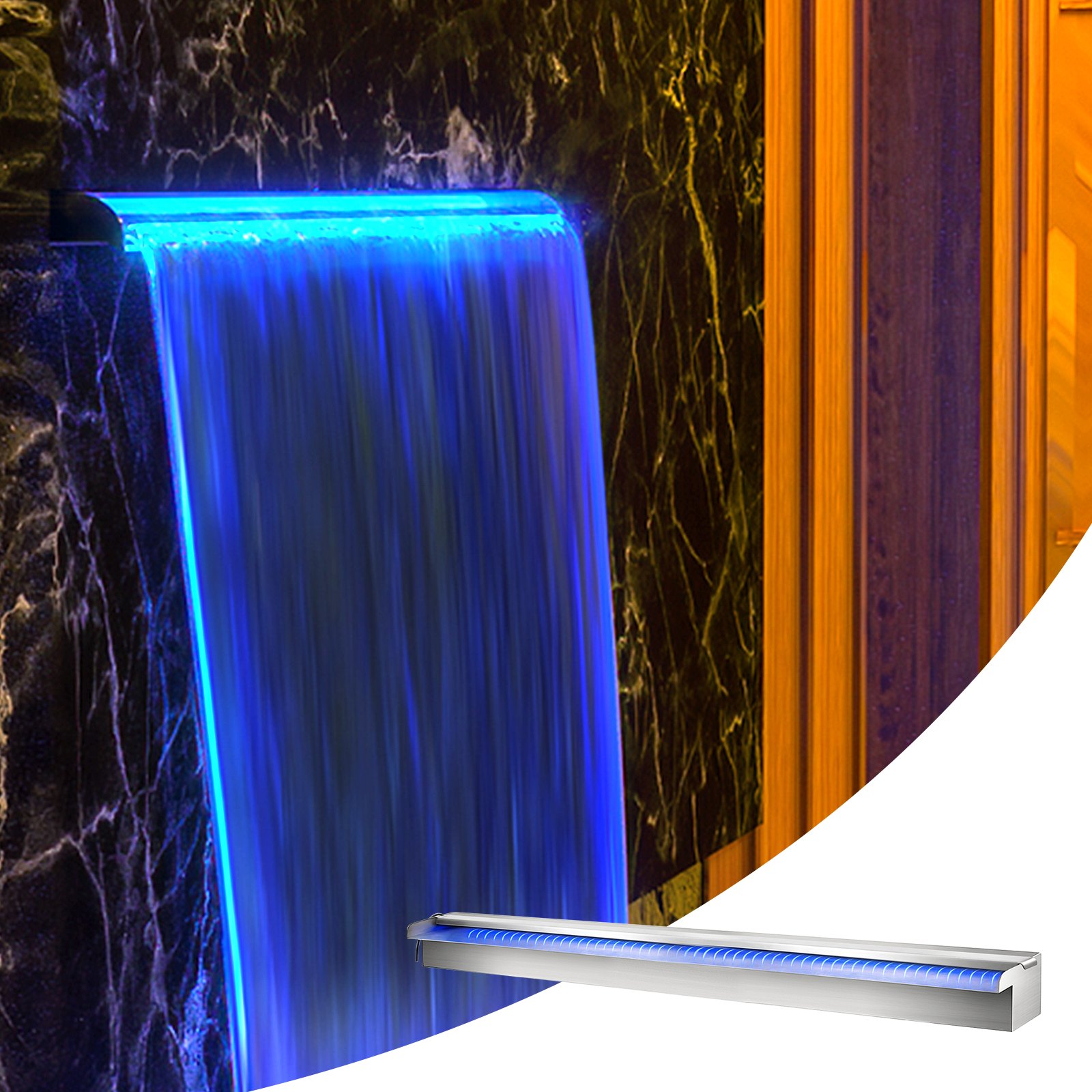 Fuente de piscina VEVOR con luz LED azul sobre fondo de pared de mármol.