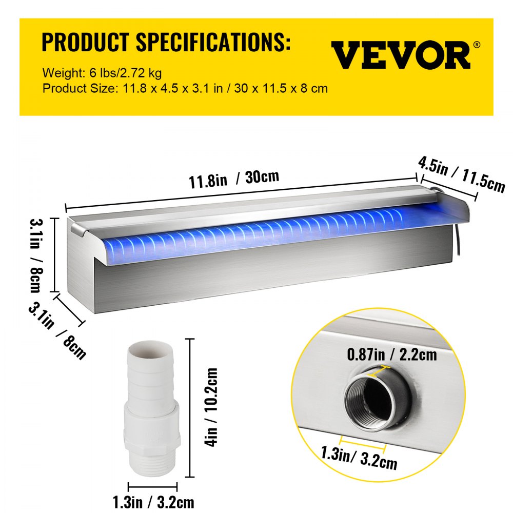 Fuente de piscina VEVOR cascada led en color plata con luz azul y dimensiones del producto.