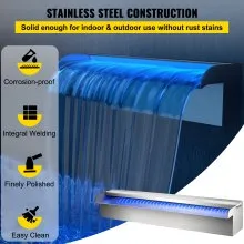 VEVOR Cascada para Piscina Cascada de Agua de Acero Inoxidable Fuente Rectangular 30 x 11,5 x 8 cm Fuente de Piscina con Luz Led de 18 Colores