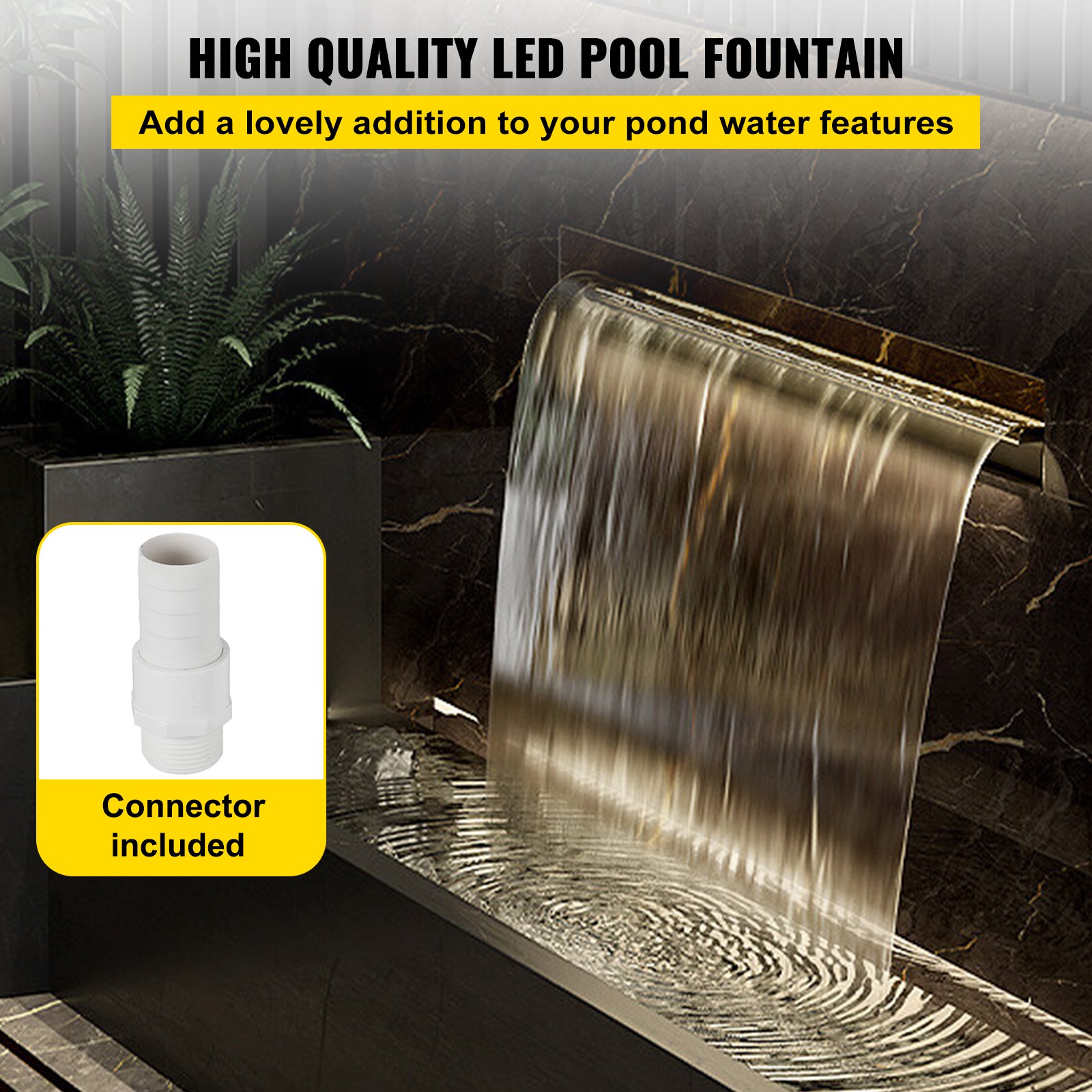 Fuente de piscina VEVOR con cascada LED y conector incluido, mejorando las características del estanque.