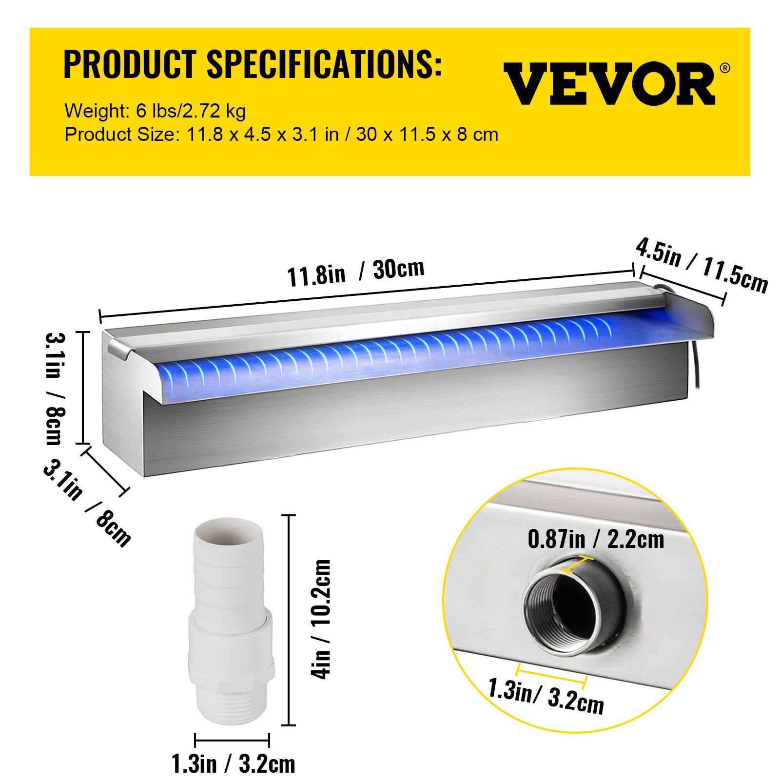 Fuente de piscina VEVOR cascada led en color plata con luz azul y dimensiones del producto.