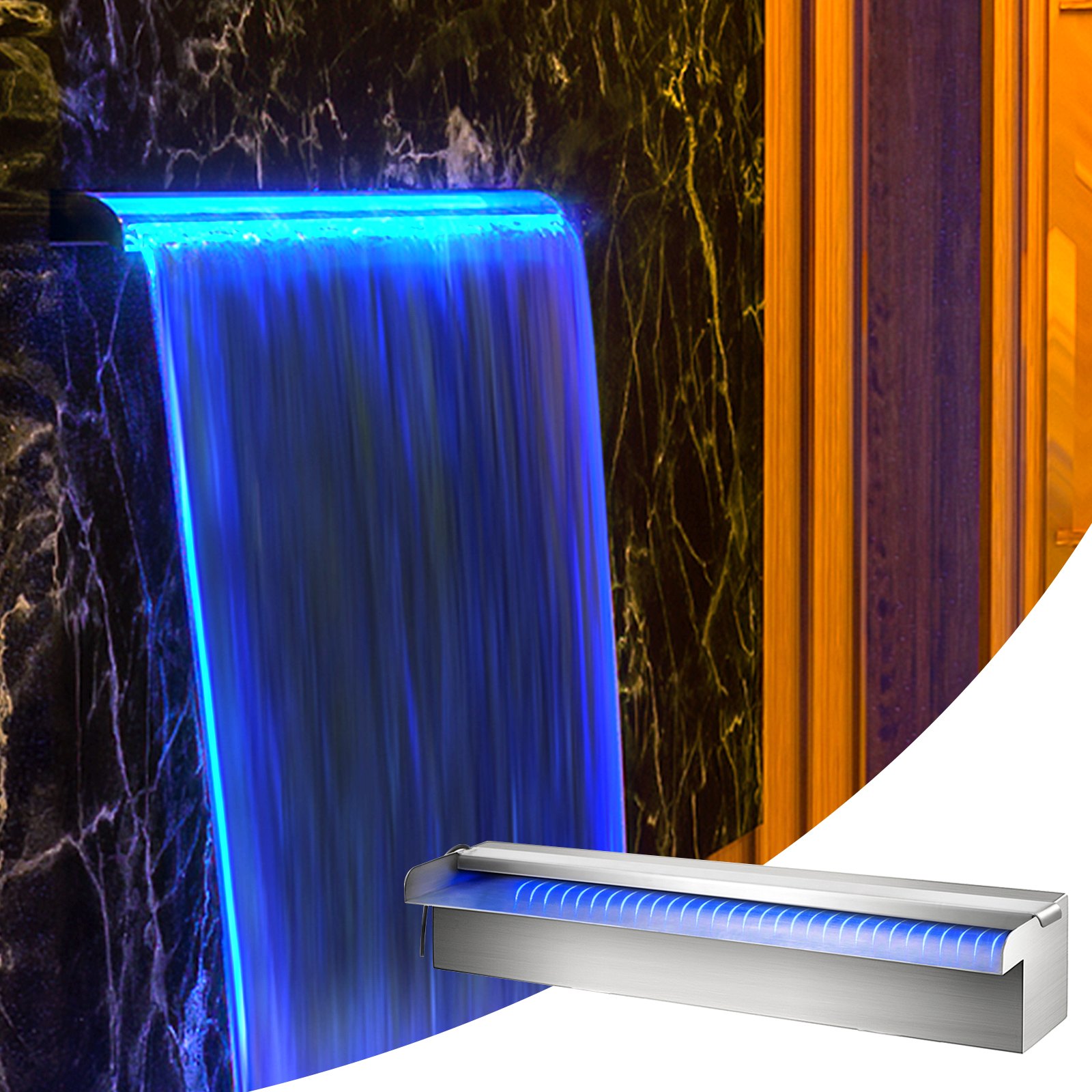 Fuente de piscina VEVOR con cascada LED y luz azul que cae sobre una pared de mármol.