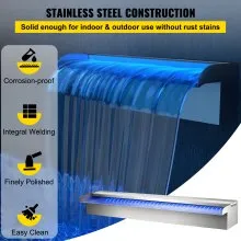 VEVOR Cascada para Piscina Fuente Rectangular con Led Luz Acero Inoxidable Cascada 23,6x4,5x3,1