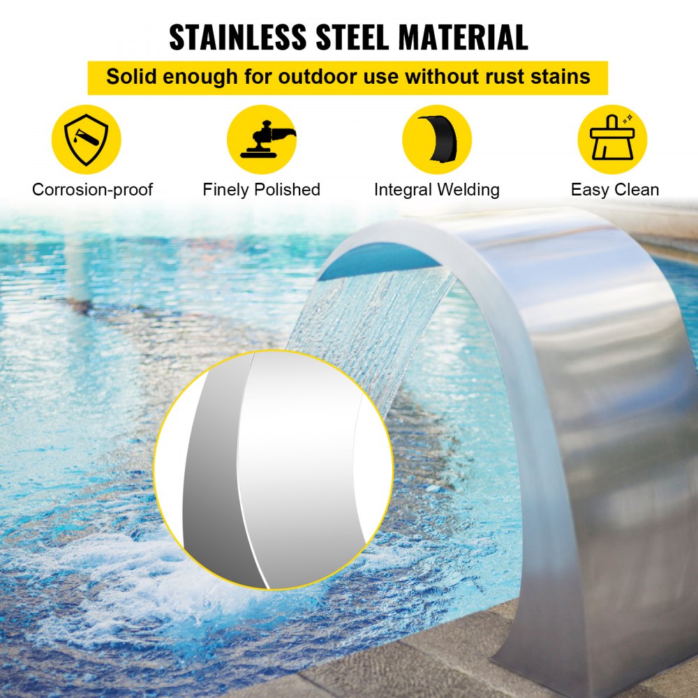 VEVOR Fuente Cascada para Piscina Acero Inoxidable, Fuente Estanque con Tamaño de 30 x 60 x 45 cm, Fuentes de Piscina de Plata, Diseño Curvo, Alta Resistencia para Estanque de Jardín o Piscinas