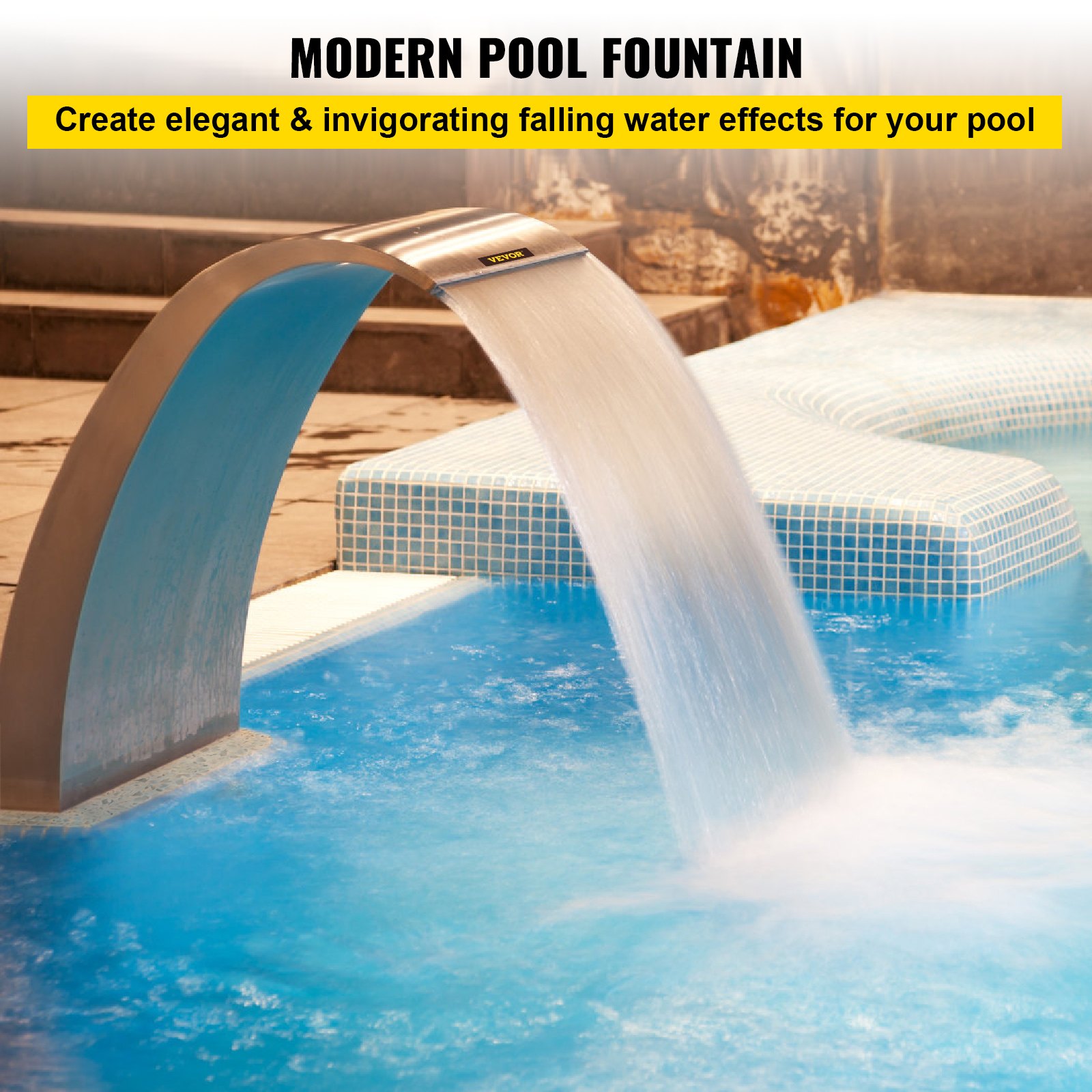 Fuente de piscina en cascada de acero inoxidable VEVOR que crea un efecto de agua sereno en una piscina.