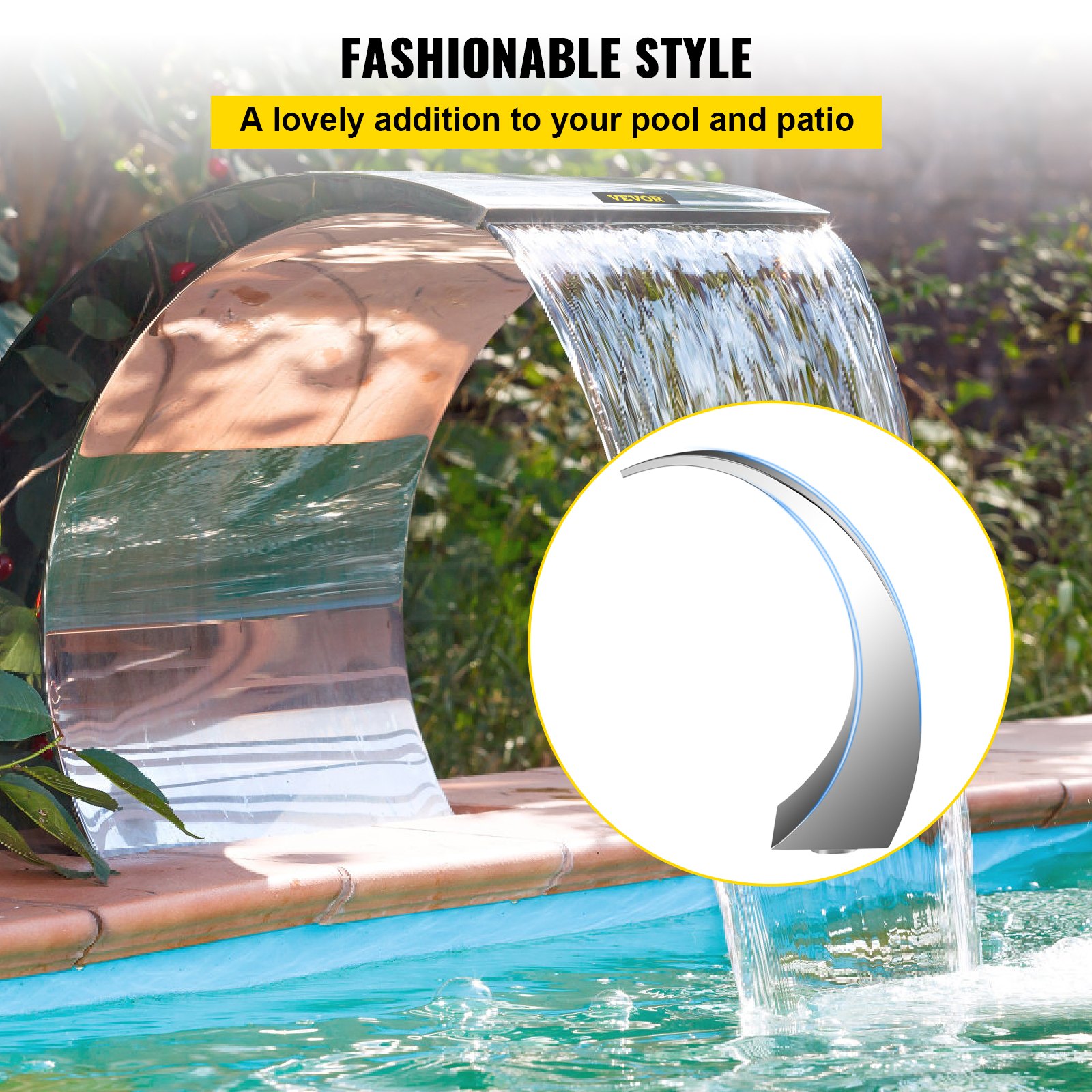 VEVOR Fuente Cascada para Piscina Acero Inoxidable, Fuente Estanque con Tamaño de 30 x 60 x 45 cm, Fuentes de Piscina de Plata, Diseño Curvo, Alta Resistencia para Estanque de Jardín o Piscinas