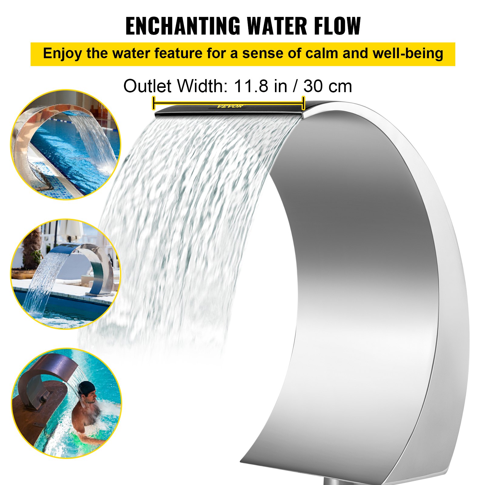VEVOR Fuente Cascada para Piscina Acero Inoxidable, Fuente Estanque con Tamaño de 30 x 60 x 45 cm, Fuentes de Piscina de Plata, Diseño Curvo, Alta Resistencia para Estanque de Jardín o Piscinas