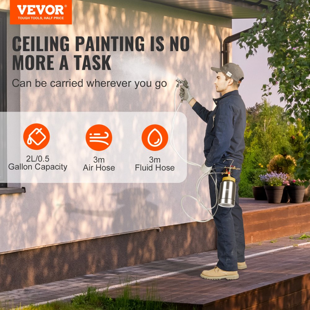 VEVOR Tanque de presión de pintura en aerosol de 2 l/0,5 gal, bote de presión de pintura de aire ligero, pistola de pintura en aerosol con boquilla de 1,8 mm, mangueras de 3 m para decoración del hogar, arquitectura, construcción, pintura automotriz, 45 PSI máx.