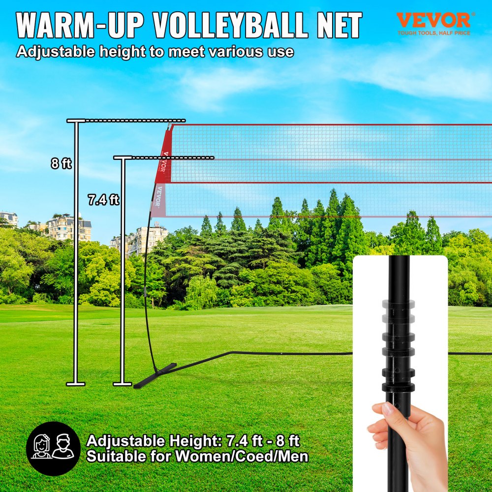 Red de entrenamiento de voleibol VEVOR con altura ajustable, adecuada para diversos usos, instalada en un campo.