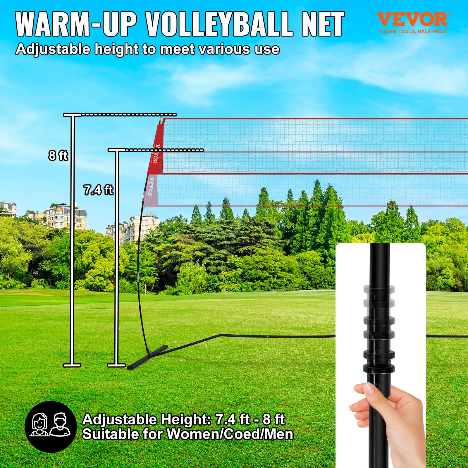 Red de entrenamiento de voleibol VEVOR con altura ajustable, adecuada para diversos usos, instalada en un campo.