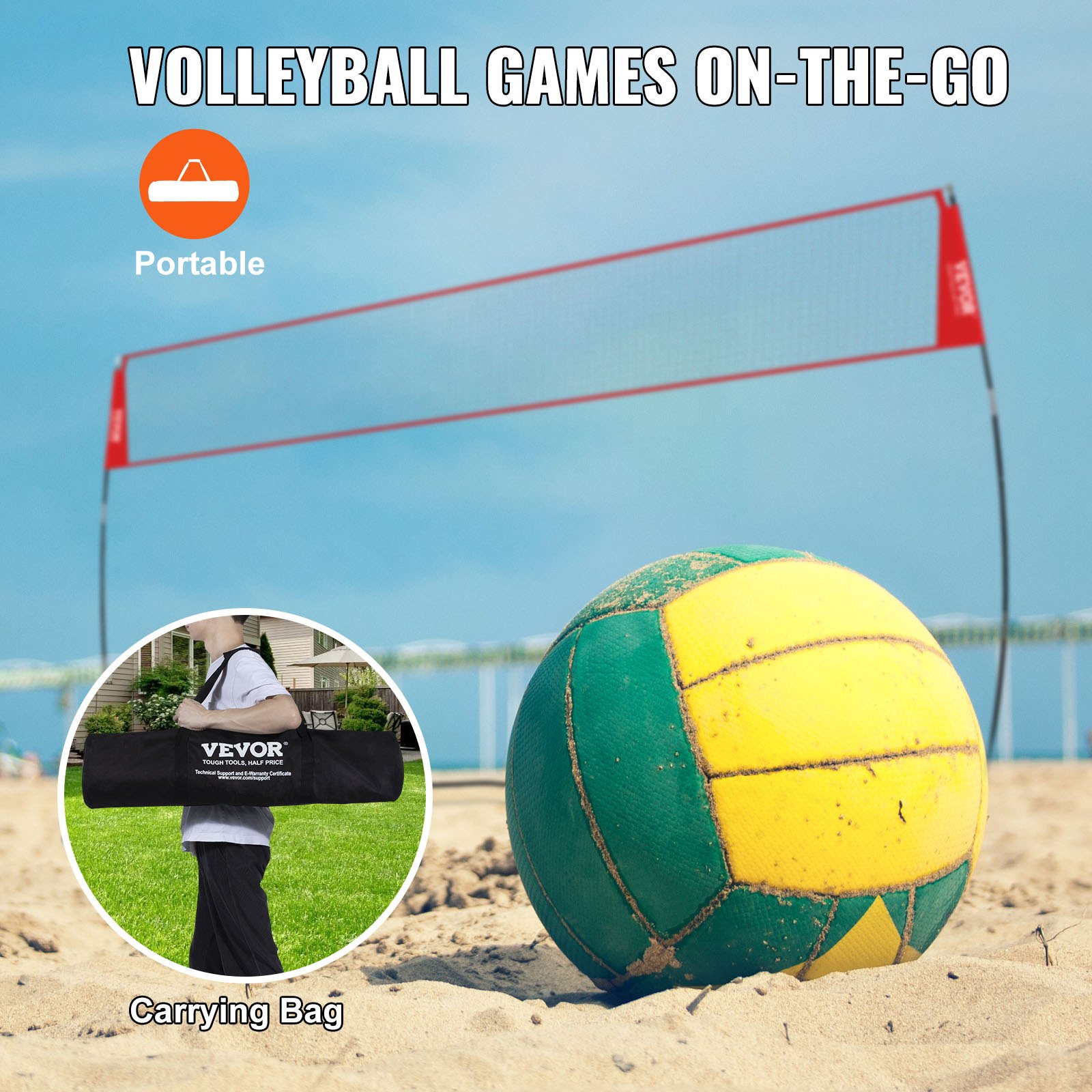 Red de entrenamiento de voleibol VEVOR en una playa con pelota de voleibol, bolsa de transporte insertada e ícono &quot;portátil&quot;.