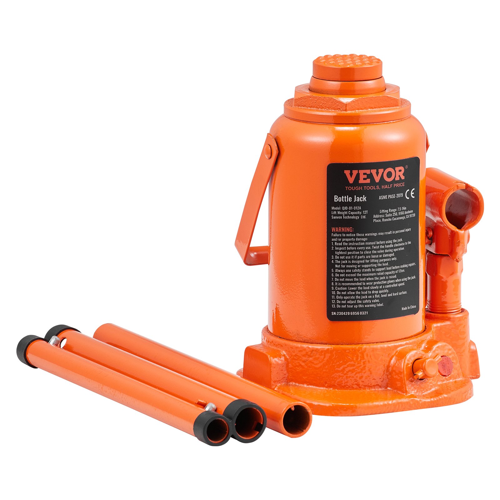 VEVOR Gato hidráulico de botella, 12 toneladas/24000 LBS, gato de botella totalmente soldado, rango de elevación de 7,5 a 14 pulgadas, con mango largo de 3 secciones, para automóvil, camioneta, vehículo recreativo, reparación de automóviles, ingeniería industrial