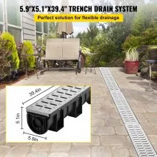 Sistema de drenaje de trinchera VEVOR, drenaje de canal con rejilla de metal, trinchera de drenaje de HDPE de 5.9 x 5.1 pulgadas, drenaje de piso de garaje de plástico negro, rejilla de drenaje de trinchera de 3 x 39, con 3 tapas finales, para jardín, entrada, paquete de 3