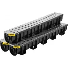 Sistema de drenaje de trinchera VEVOR, drenaje de canal con rejilla de metal, trinchera de drenaje de HDPE de 5.9 x 5.1 pulgadas, drenaje de piso de garaje de plástico negro, rejilla de drenaje de trinchera de 3 x 39, con 3 tapas finales, para jardín, entrada, paquete de 3
