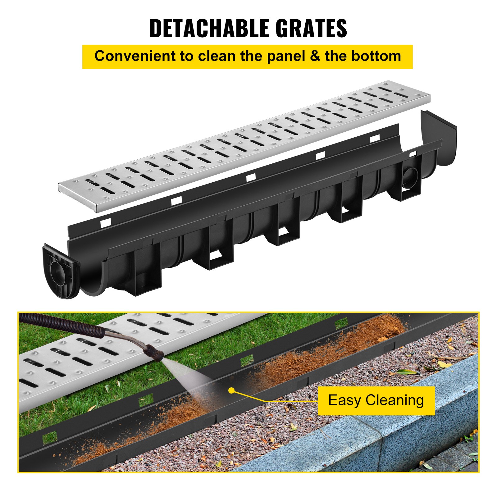Sistema de drenaje de zanja VEVOR con rejillas desmontables para una fácil limpieza y mantenimiento.