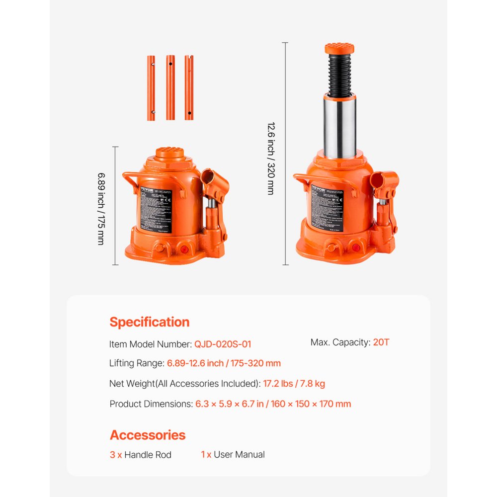 VEVOR Gato Hidráulico de Botella 20 T Manual Gato de Botella Soldado Rango de Elevación de 175-320 mm Mango Largo de 3 Secciones para Automóviles, Reparación de Automóviles, Ingeniería Industrial