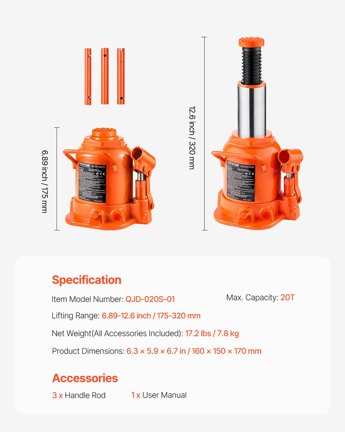VEVOR Gato Hidráulico de Botella 20 T Manual Gato de Botella Soldado Rango de Elevación de 175-320 mm Mango Largo de 3 Secciones para Automóviles, Reparación de Automóviles, Ingeniería Industrial
