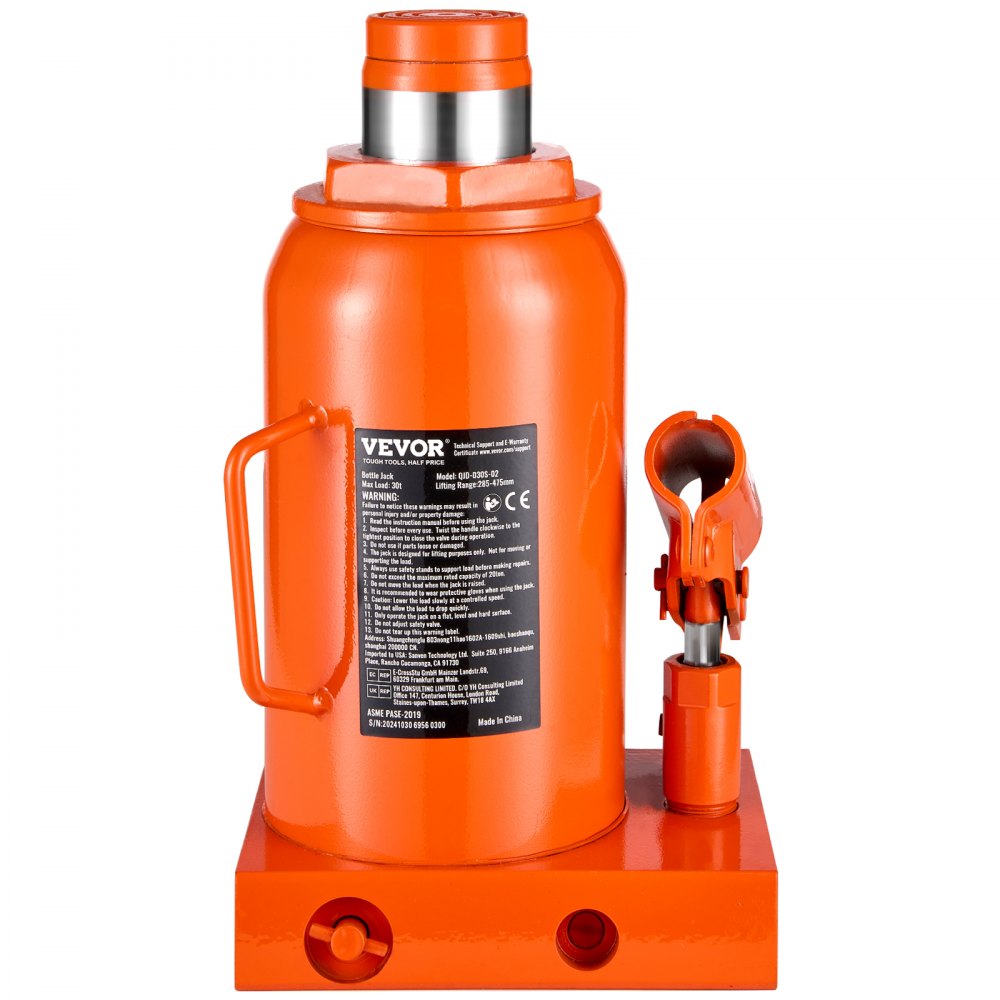 VEVOR Gato Hidráulico de Botella 30 T Manual Gato de Botella Soldado Rango de Elevación de 285-475 mm Mango Largo de 3 Secciones para Automóviles, Reparación de Automóviles, Ingeniería Industrial