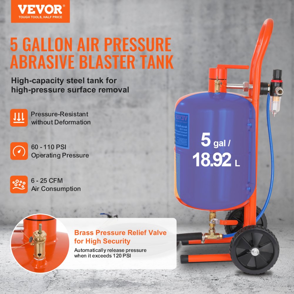 VEVOR Sand Blaster Tanque de chorro abrasivo a presión de aire de 5 galones con tanque de acero de alta capacidad y válvula de seguridad.