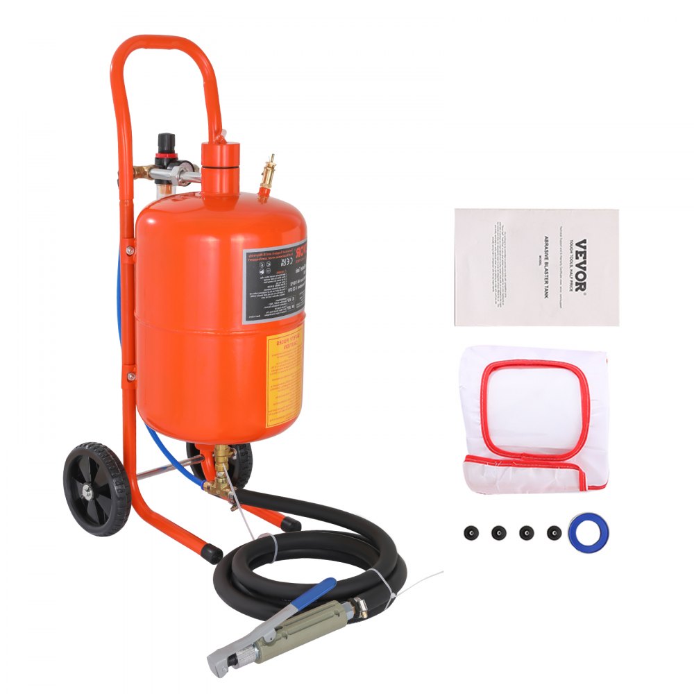 Chorro de arena VEVOR con tanque naranja, manguera, boquilla, ruedas, manual de usuario y pequeños accesorios.