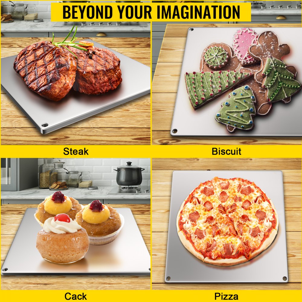 VEVOR Pizza de acero para hornear, piedra de pizza cuadrada de acero, placa de pizza de acero de 14 x 14 pulgadas, bandeja de pizza de acero de 0,4 pulgadas de grosor, acero de pizza de alto rendimiento para horno, superficie de horneado para cocinar y hornear