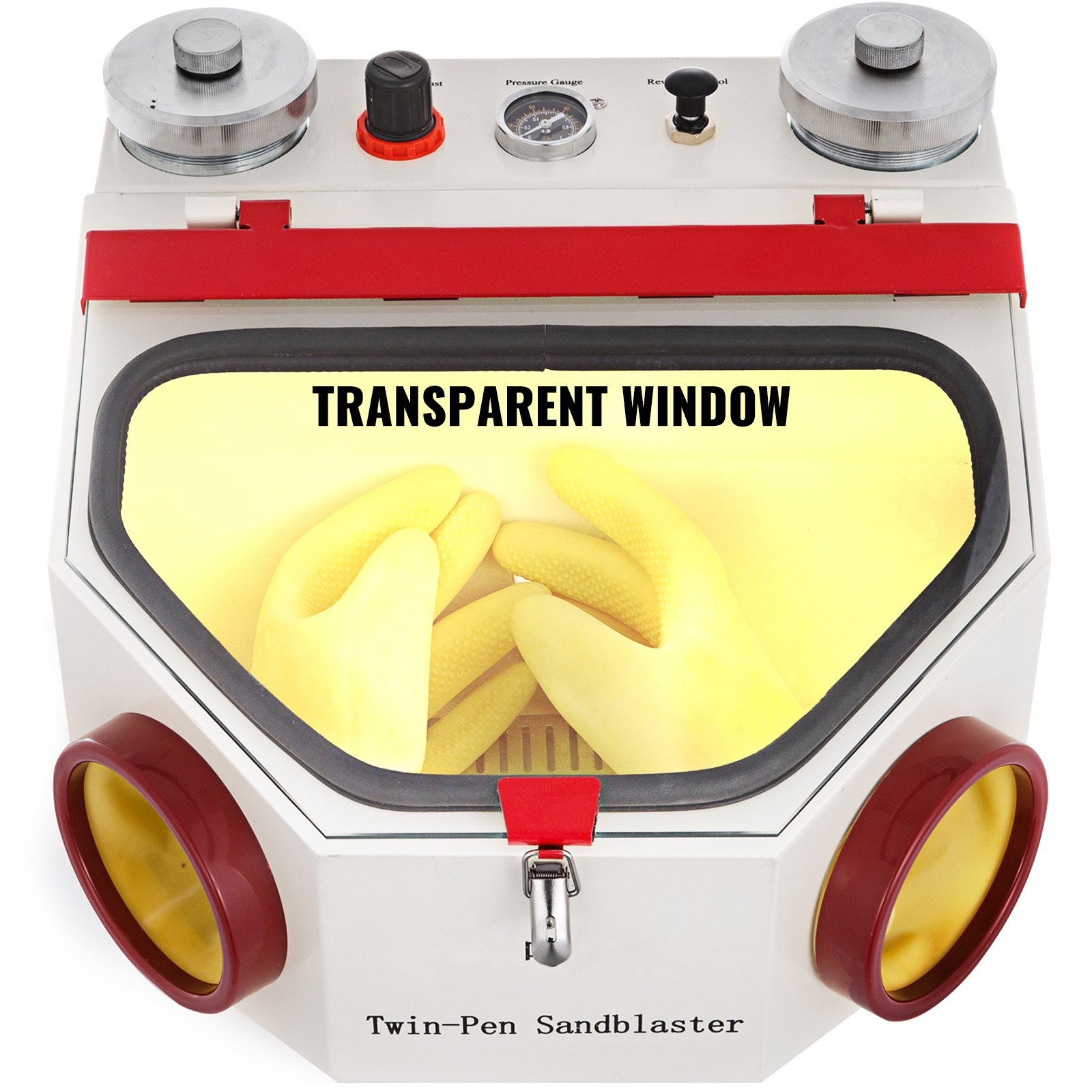 Guantes amarillos en el interior de la máquina arenadora de doble punta VEVOR con ventana transparente y manómetro.