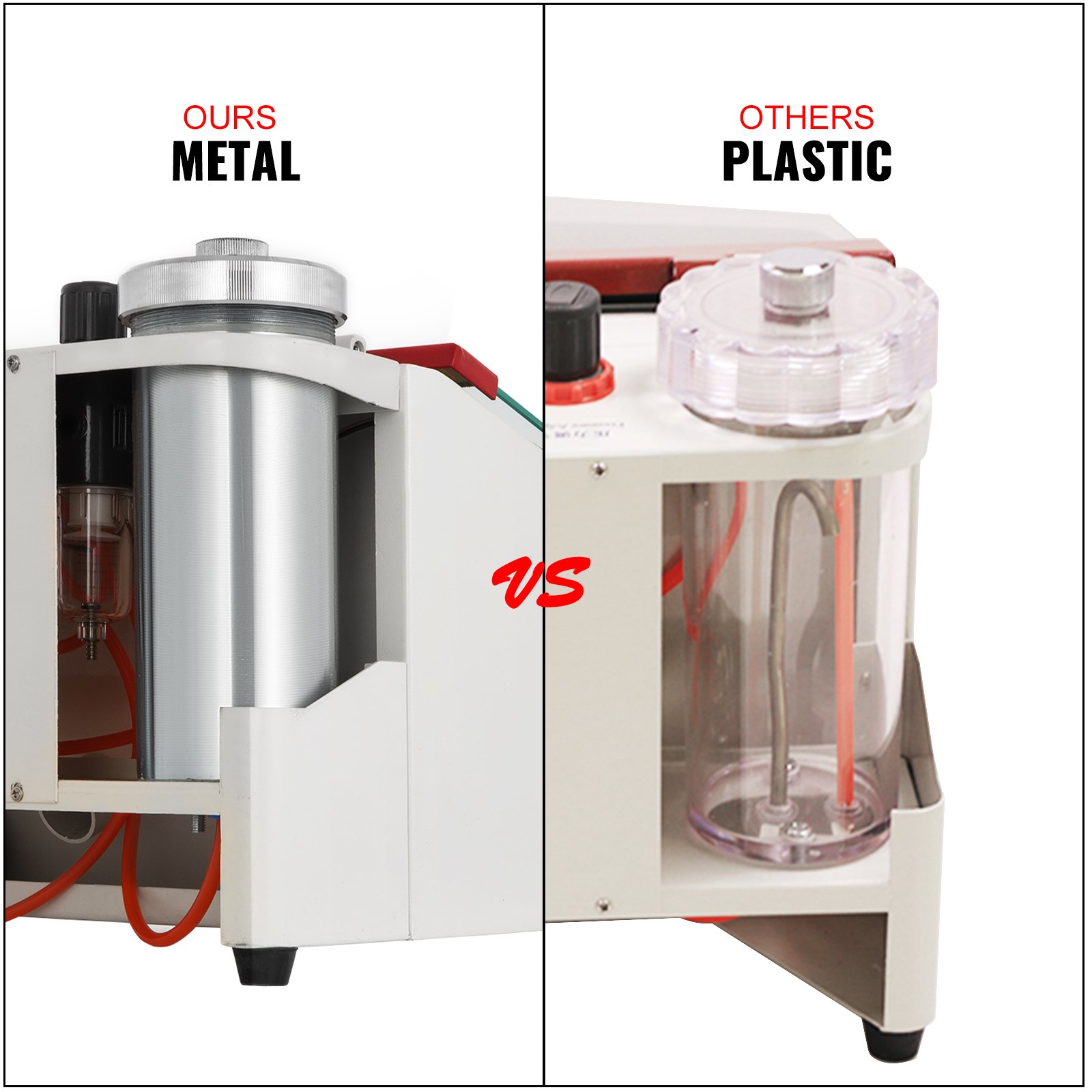 Comparación de la máquina pulidora de doble punta VEVOR: componentes de metal y plástico con contraste visual.