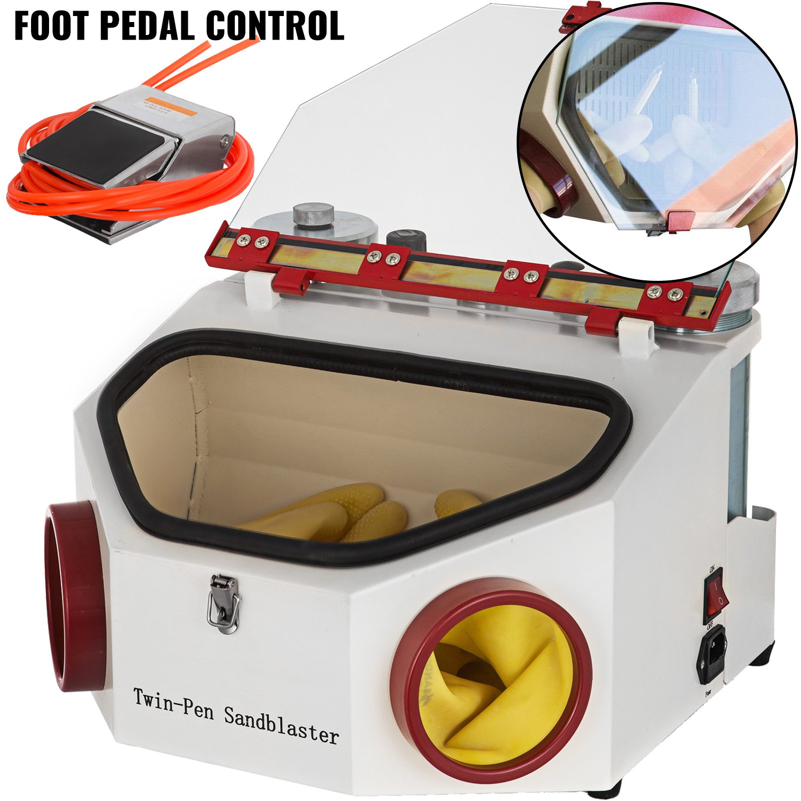 Arenadora de doble punta VEVOR con control de pedal y espacio de trabajo cerrado.