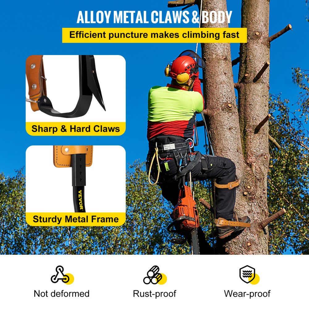 VEVOR Tuspuzz Tree Climbing Spikes, 1 Pair Alloy Steel Pole Climbing Spurs, with Adjustable Height and Cow Leather Straps, Arborist Equipment for Climbers, Logging, Hunting Observation, Fruit Picking