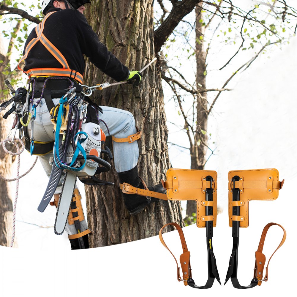 VEVOR Tuspuzz Tree Climbing Spikes, 1 Pair Alloy Steel Pole Climbing Spurs, with Adjustable Height and Cow Leather Straps, Arborist Equipment for Climbers, Logging, Hunting Observation, Fruit Picking