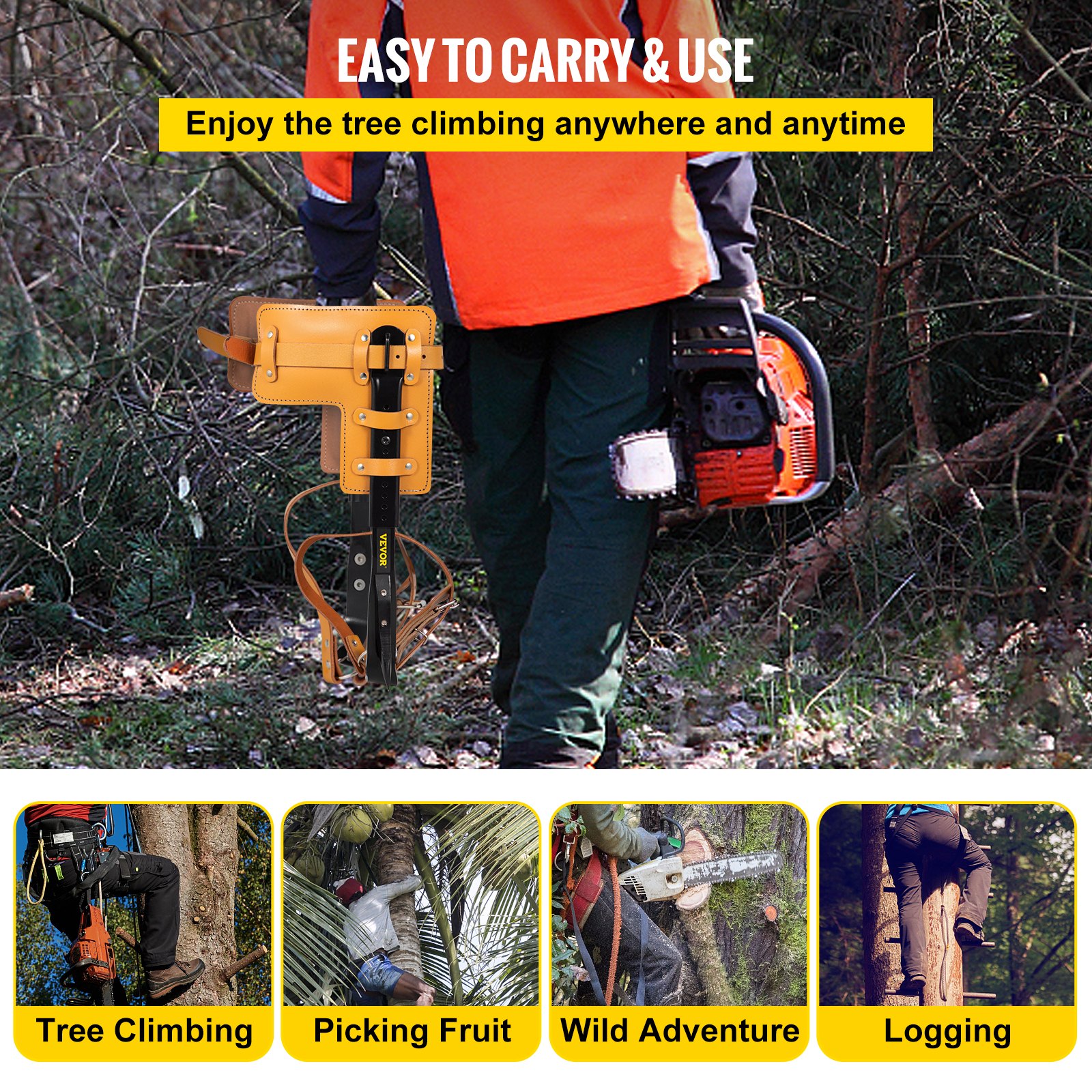 VEVOR Tuspuzz Tree Climbing Spikes, 1 Pair Alloy Steel Pole Climbing Spurs, with Adjustable Height and Cow Leather Straps, Arborist Equipment for Climbers, Logging, Hunting Observation, Fruit Picking