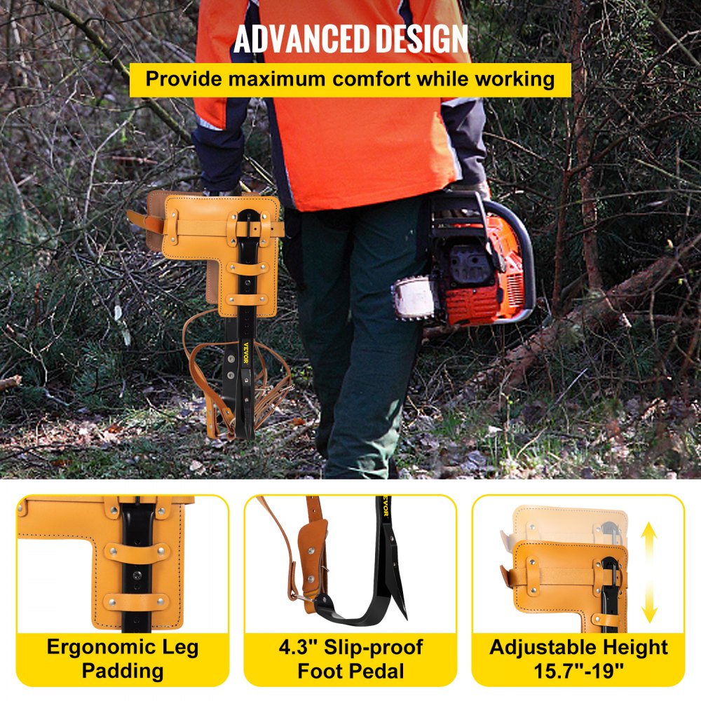 Trabajador con motosierra y pinchos ergonómicos para trepar árboles VEVOR, destacando las características clave.