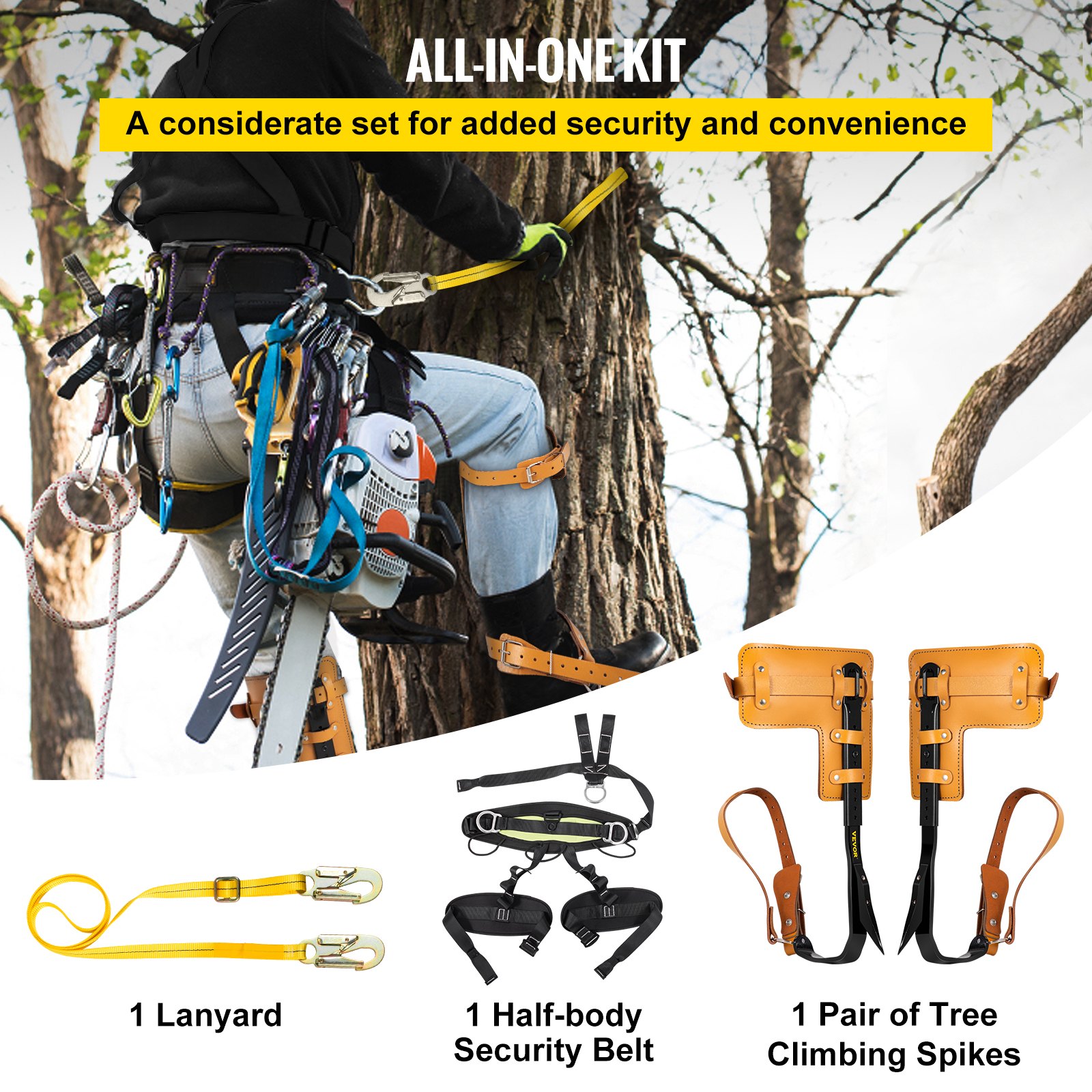 Persona trepando a un árbol usando picos para trepar árboles VEVOR con equipo, cinturón de seguridad y cordón.