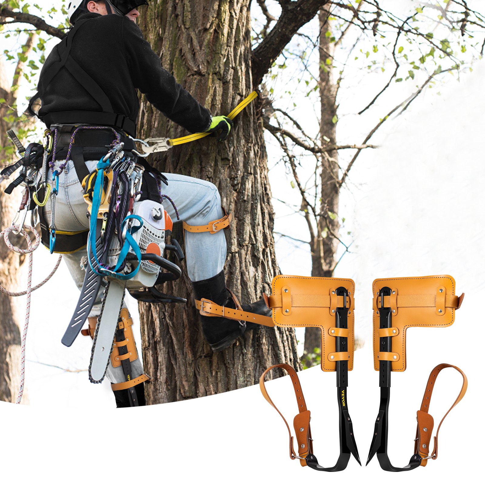 Persona que utiliza picos de escalada de árboles VEVOR en un árbol, con equipo y material.