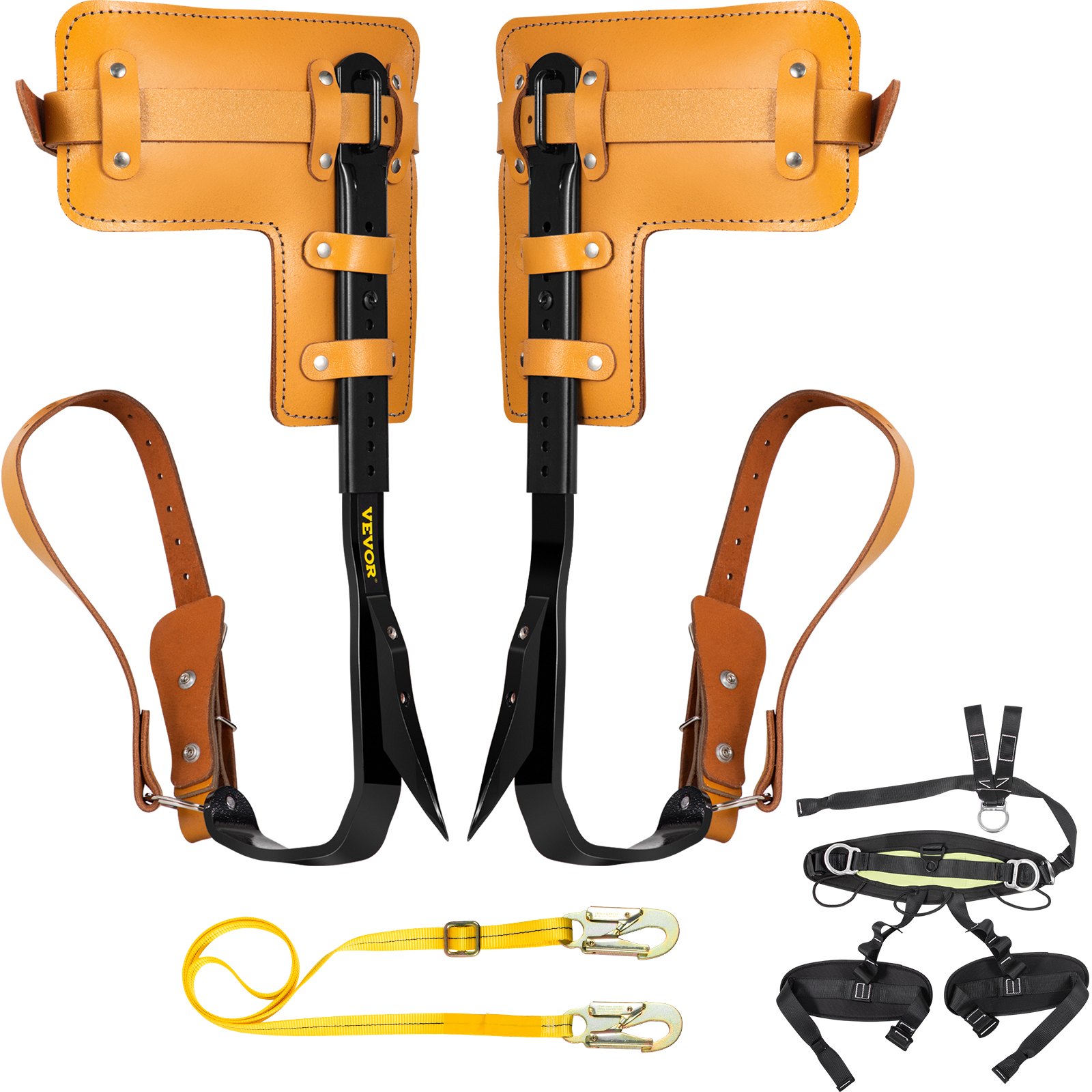 Puntas de escalada para árboles VEVOR con almohadillas de cuero, correas y arnés de seguridad.