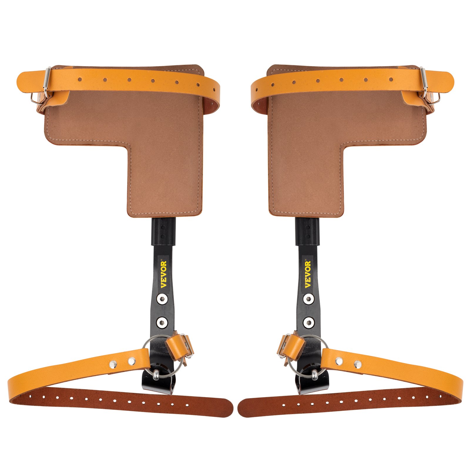 Pinchos para trepar árboles VEVOR con correas marrones y amarillas, soportes de metal negro.