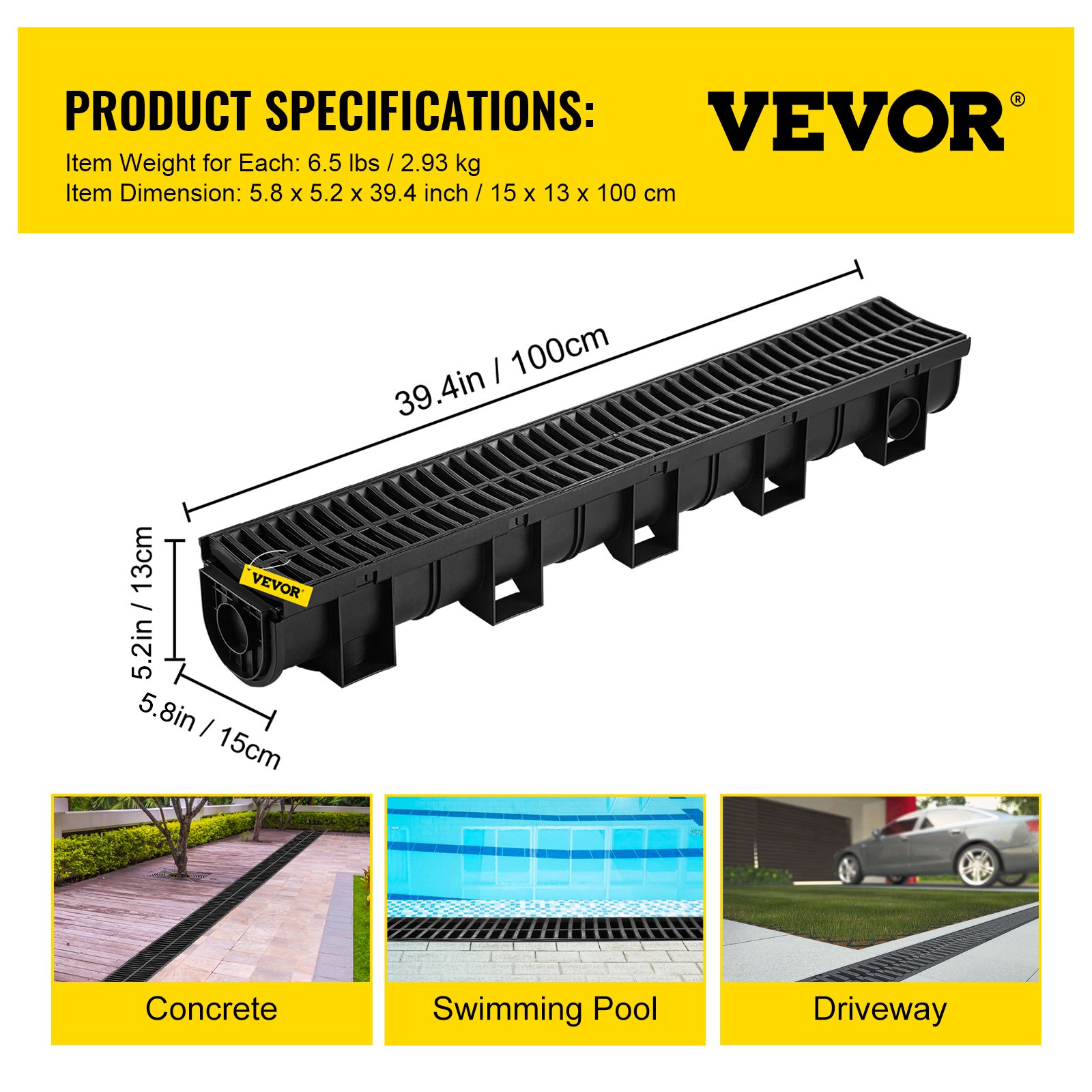 Sistema de drenaje de zanja VEVOR para hormigón, piscina, camino de entrada; dimensiones indicadas.