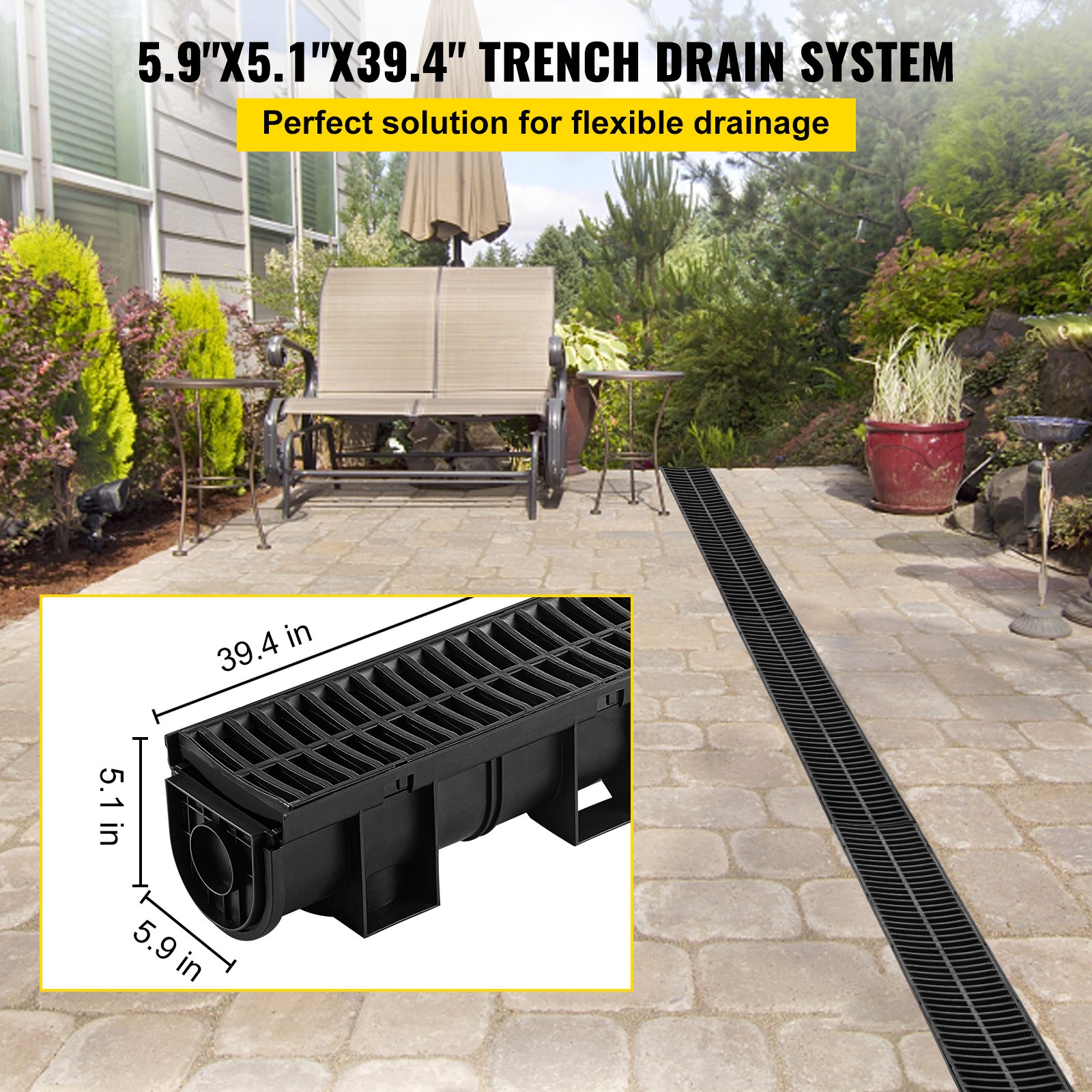 Sistema de drenaje de zanja VEVOR instalado en un patio con dimensiones y solución de drenaje.